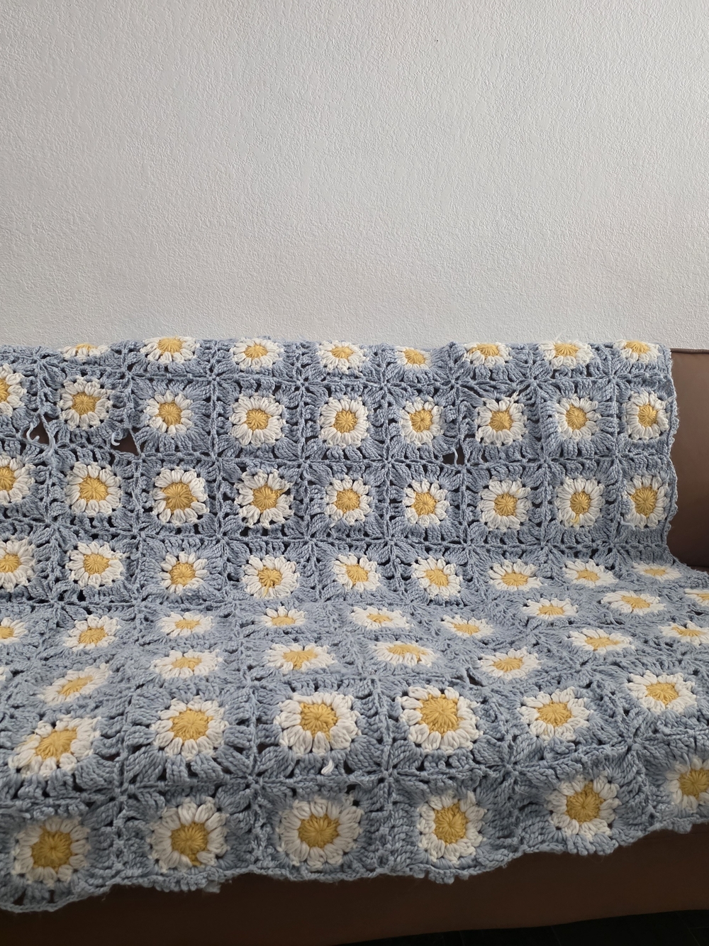 Shabby Chic Blue Crochet Daisy Throw with Yellow Centers